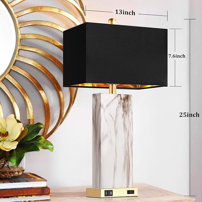 Touch Control Table Lamps Set of 2, Modern Contemporary Bedside Lamp with 2 USB Ports 1 AC Outlet, 3-Way Dimmable Nightstand Lamp Faux Marble Gold Black Rectangular Shade for Living Room Bedroom