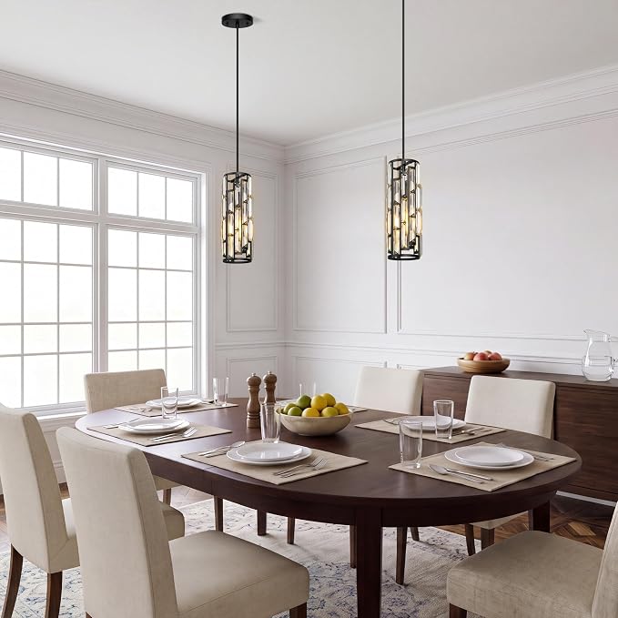 Black Pendant Lights Kitchen Island 2 Pack, Mini Crystal Chandeliers, Modern Pendant Lights Ceiling Lighting Fixtures for Kitchen Island, Dinning Room, Bedroom