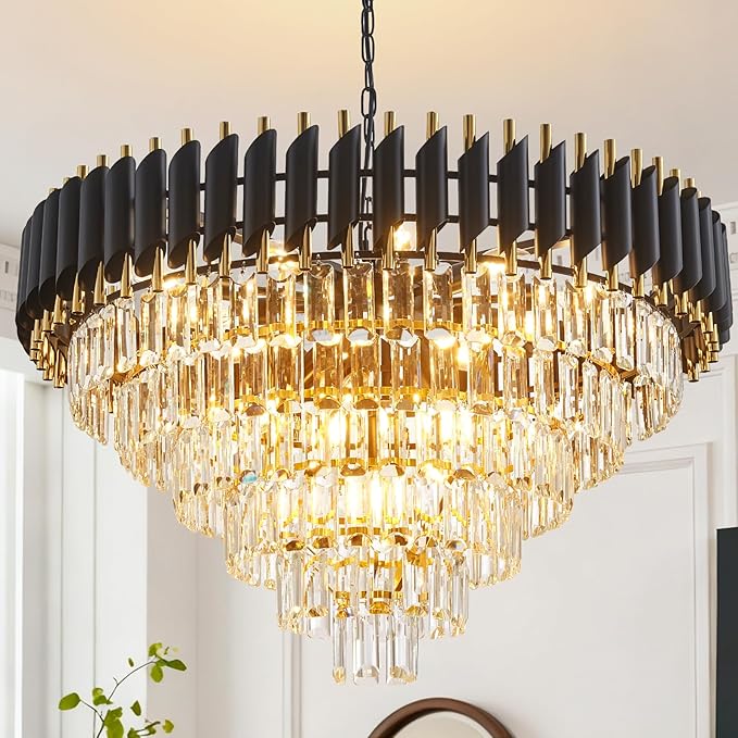 Modern Crystal Chandeliers 6 Tiers for Dining Room 16-Light Black and Gold Chandelier Living Room Round Contemporary Ceiling Hanging Light Pendant Light Fixture for Entryway Foyer Staircase
