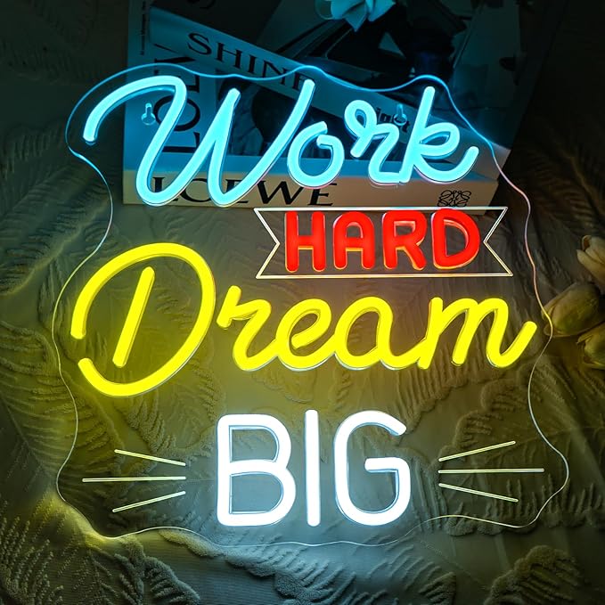 NOSUN Work Hard Dream Big Neon Sign Inspirational slogan personal studio LED Sign Wall Decor Adjustable Brightness Neon Signs USB Connect Neon Light for Bedroom Home Bar Club Hotel Party Decor