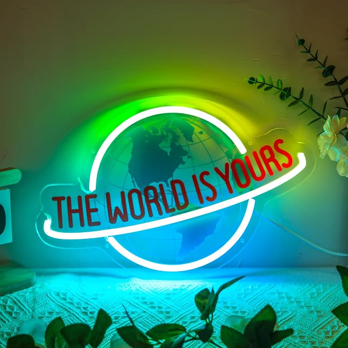 The World Is Yours Neon Sign, 7 RGB Color Planet LED Neon Light Lamp for Wall Decor, Man Cave Home Bar Bistro Club Cafe Wedding Game Room Bedroom Birthday Gift Graduation Party