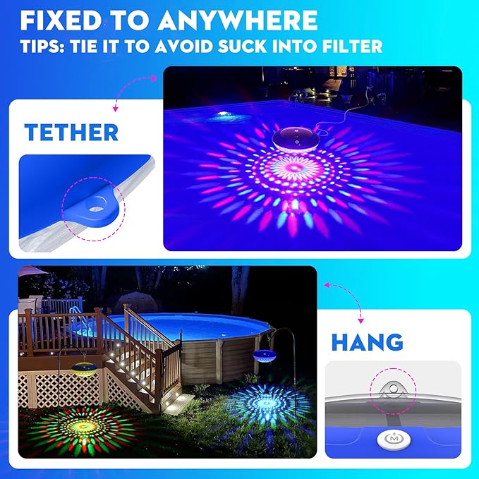 FirstE Solar Floating Pool Lights, RGB Color Changing Pool Floating Light, IP68 Waterproof LED Solar Pool Lights That Float, Hangable Auto ON Off for Above In Ground Pools Wedding Party Decoration (2)