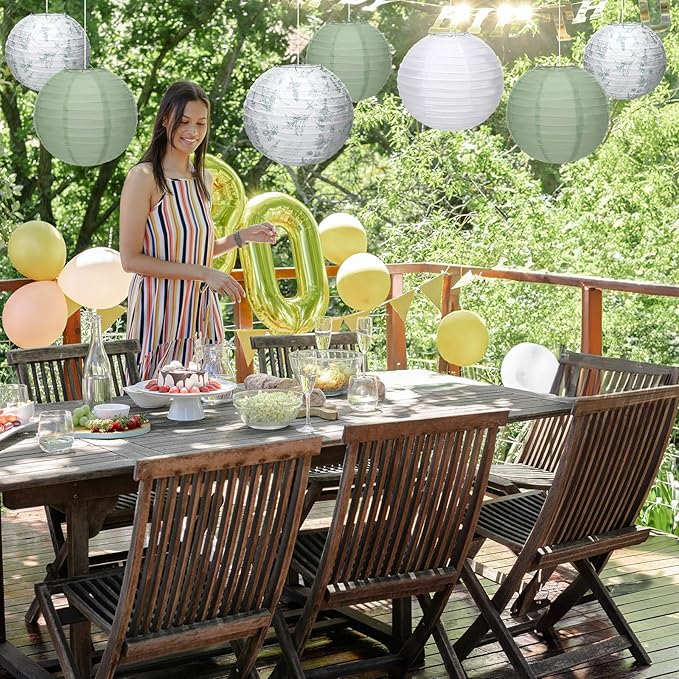Riakrum 18 Pcs Floral Paper Lantern Set 10" 8" Sage Green and White Flower Chinese Lantern Chinoiserie Hanging Decoration for Ceiling Wedding Bridal Shower Birthday Party Supplies