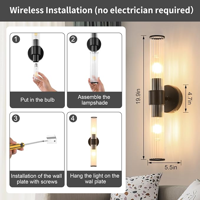 Morauroral Black Battery Operated Wall Sconces Set of 2, Rechargeable Wall Lights with Remote, 20 Inch Modern Wireless Wall Lamp for Bedroom, Living Room with Clear Glass Shade (Bulbs Included)