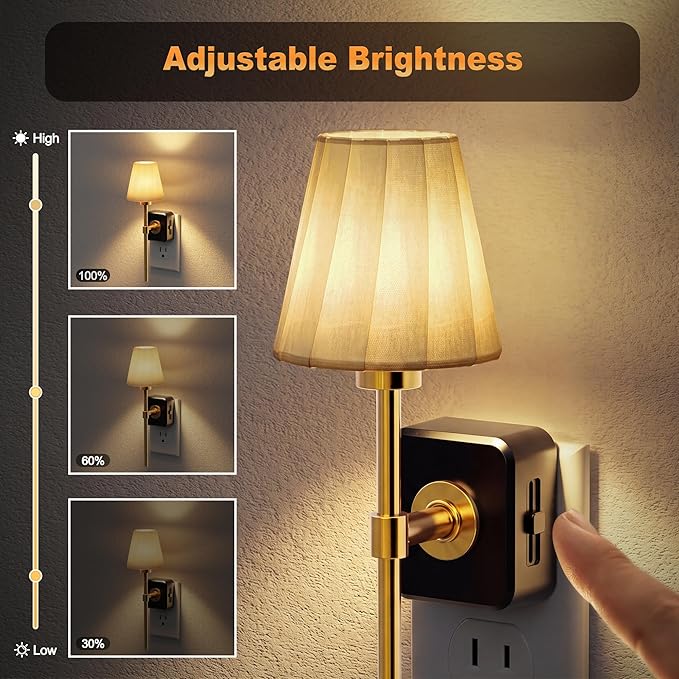 JandCase Night Lights Plug into Wall, 2 Pack Vintage Nightlights | Dusk to Dawn Sensor, 0-100LM Dimmable, Pleated Fabric Beige Lamp for Living Room Bedroom Hallway