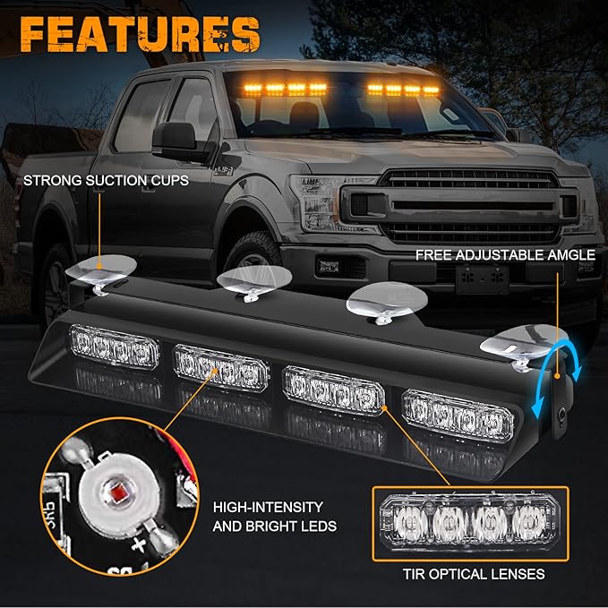 XRIDONSEN Emergency Dash Strobe Lights Amber Safety Flashing Warning w/Digital Display Controller Interior Front/Rear Windshield Deck Split Light Bar for Construction Vehicles Trucks (2x14 inch)