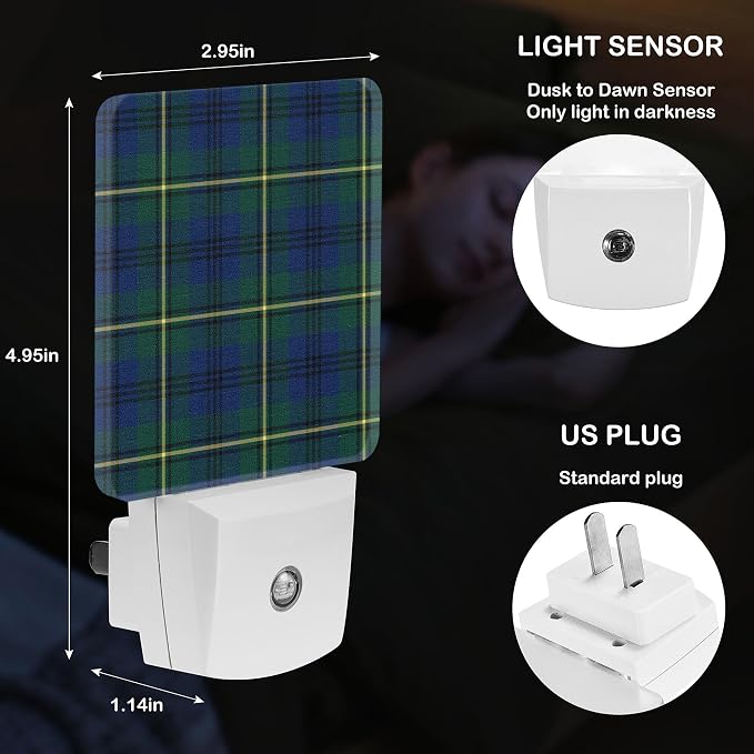 LED Night Light Lamp with Smart Sensor Dusk to Dawn Sensor,Yellow Locker By Johnston Clan Tartan Blue Green Plaid Scottish Night Light Daylight White,0.5W Plug-into Wall for Adults,Bathroom