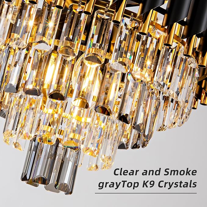 7-Light Modern Crystal Chandelier 20" Dining Room Light Fixtures 4 Tiers Flush Mount Smoke Grey and Gold Chandelier Round Chandeliers for Dining Room Living Room Kitchen Entryway Foyer