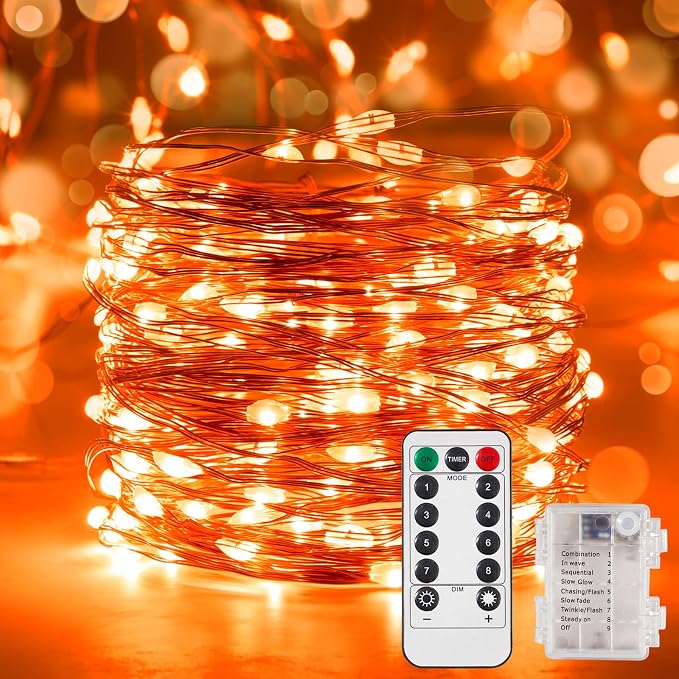 Ariceleo 2 Pack 65.6 Ft. Battery Operated Outdoor String Lights with Remote & Timer, LED Orange Fairy Lights, Waterproof Twinkle Lights for Bedroom, Dorm, Mason Jar, Wedding, Party, Christmas