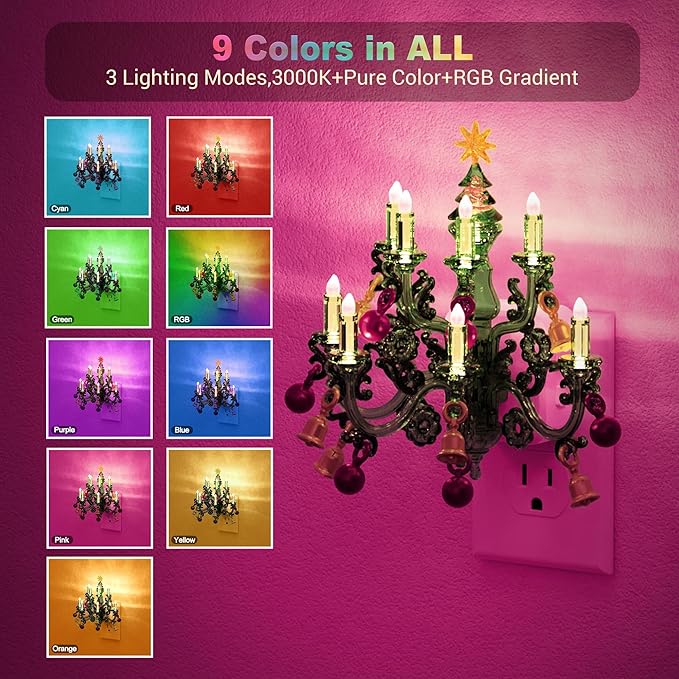 JandCase Night Lights Plug into Wall, Christmas RGB Pendant Night Light with Flame Effect,10 Color Changing Nightlight with180° Rotatable,Dimmable Plug in Night Light for Home Holiday Decor