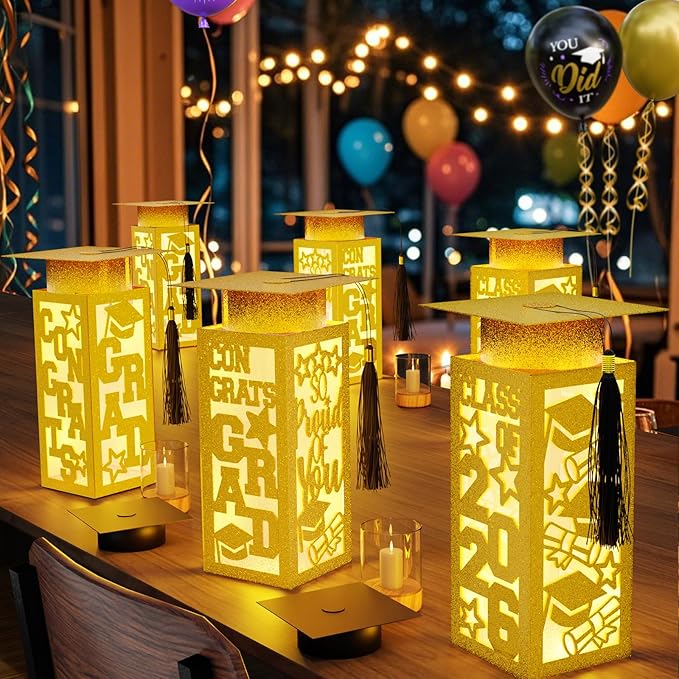 12 Pcs Graduation Table Centerpieces Boxes Class of 2026, Golden Graduation Paper Lanterns Boxes with String Lights Hollow Out for Congrats Grad School College Table Decorations Grad Party Photo Props
