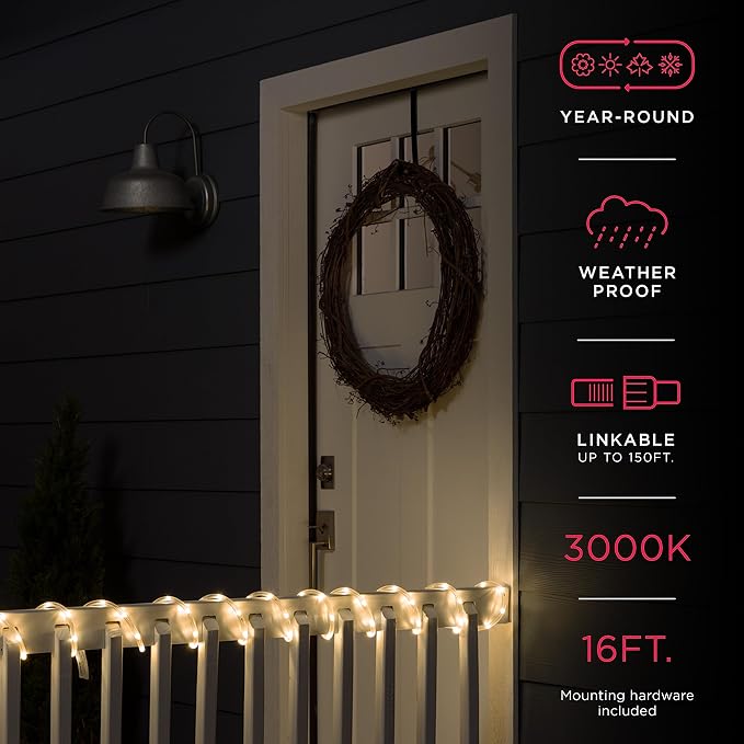 UltraPro LED Rope Lights, 16ft Classic Clear Rope, Warm White Light 3000K, Indoor/Outdoor, Flexible, Linkable, Durable, Rope-Lights Outdoor, 54503 (Pack of 12)