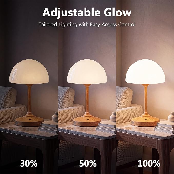 Table Lamp Cordless Lamp,5000mAh Rechargeble Battery Operated Lamp | Small Bedside Desk Lamp 11.02" with Glass Shade 3-Way Dimmable Portable LED Table Light,for Outdoor,Dinner,Patio(Wood Grain)
