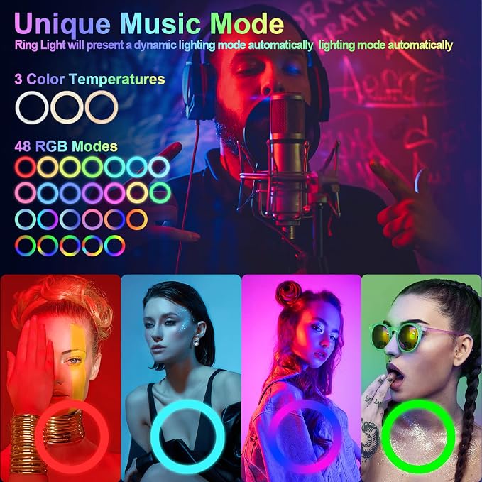 12" Selfie Ring Light with 75" Tripod Stand & 2 Phone Holder, LED Camera Ringlight with 48 RGB Colors Modes & Musical Rhythm Mode and 12 Brightness Dimmable for TikTok/Makeup/Photography/Vlog