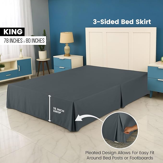 King Bed Skirt, Hides Under-Bed Storage 16 Inch Drop, Pleated, Grey | Easy Fit Design, Shrinkage & Fade Resistant, Hotel Style, Microfiber Durable Fabric, Machine Washable