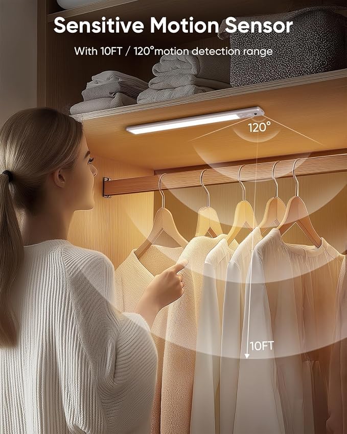 10inch Under Cabinet Lighting Wireless, LED Rechargeable Motion Sensor Light Indoor, Closet Lights with Remote, 3 Color Temps, Dimmable, Magnetic Under Counter Light for Kitchen, Stair, 4 Pack