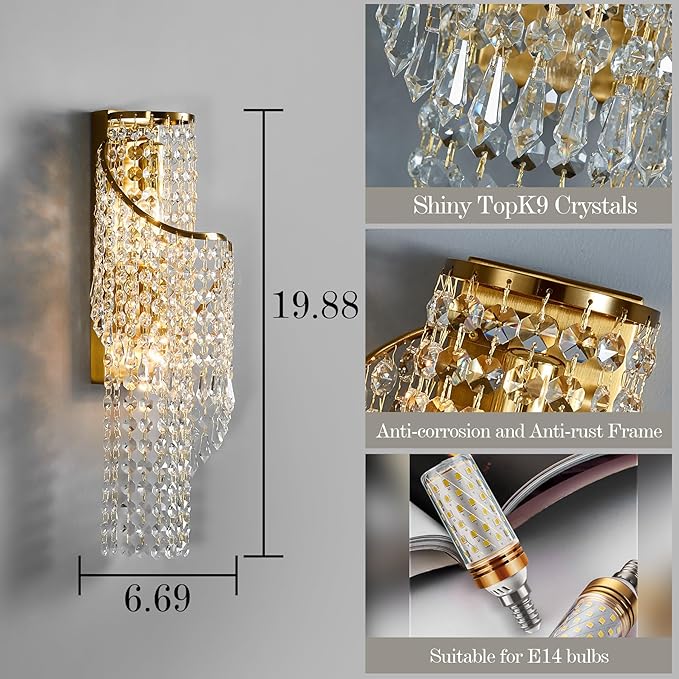K9 Crystal Wall Sconces Gold - Luxury Indoor Wall Light Fixtures, Crystal Vanity Wall Mount Lamps for Living Room, Bedroom, Bathroom, Bedside, Hallway Stairway(Easy Install) (Golde)
