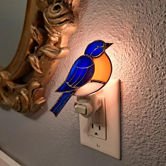 Gift Essentials Bluebird Plug in Night Light - Stained Glass Nightlight with On/Off Rocker Switch - Includes One 4 Watt Replaceable Incandescent Warm Glow Bulb