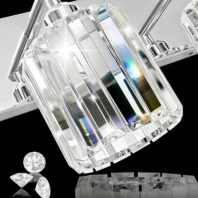 Brushed Chrome Crystal Bathroom Vanity Light, 3-Light Modern Bathroom Lighting Fixtures Over Mirror,Chrome Wall Sconce Light Fixtures with Round Shade