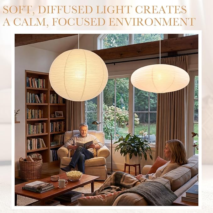 Nuanchu 2 Pack 24" Large Hanging Paper Lampshade Set Round and Oval White Lanterns Pendant Ceiling Light Shade with 20ft Cord and Hooks Chinese Foldable Light Covers for Dining Room Home Decor