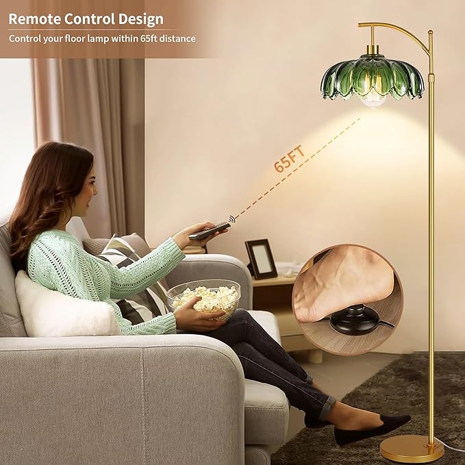 AHDWDW Gold Floor Lamp for Living Room Bedroom with Remote,Unique Vintage Standing Tall Lamp,Mid Century Modern Floor Lamps with Dimmable Bulb,Arc Green Glass Floor Lamps for Office Corner