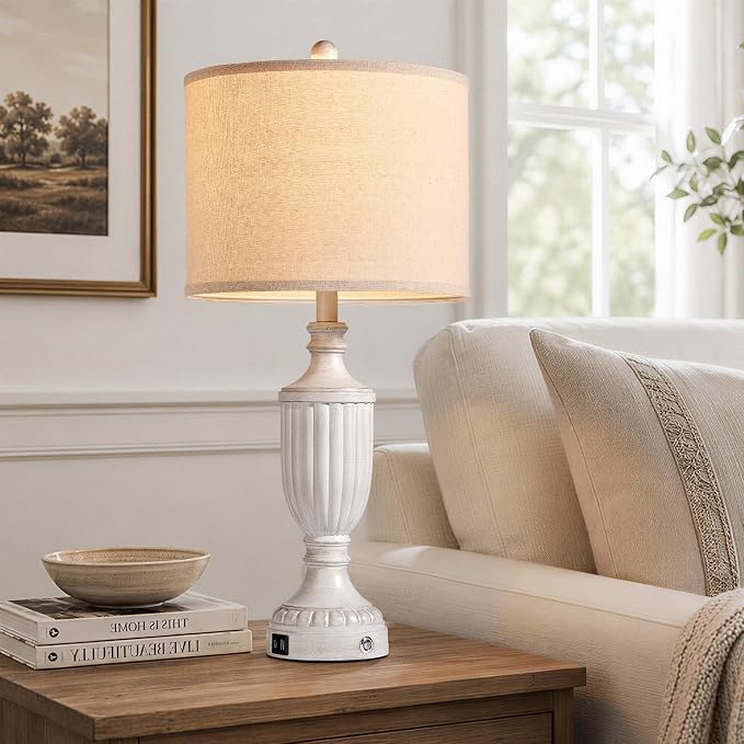 Farmhouse Table Lamps for Bedroom Set of 2, 27.5" Bedside Lamp with USB Ports, Dimmable Nightstand Table Lamp for Living Room