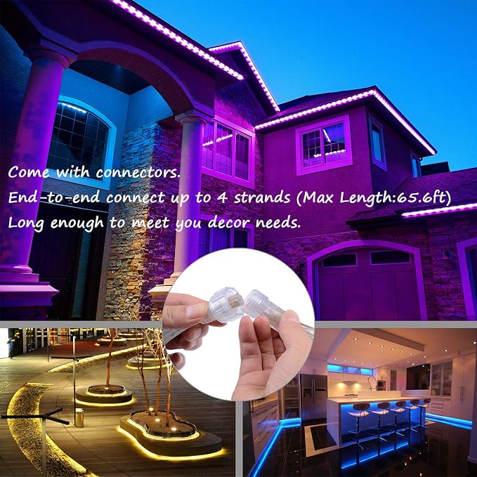 16.4ft RGB Strip Light Remote ETL Waterproof | 8 colors + multiple modes. Connectable up to 12 strips. 50,000hr lifespan. Indoor/outdoor for home, patio, Christmas.