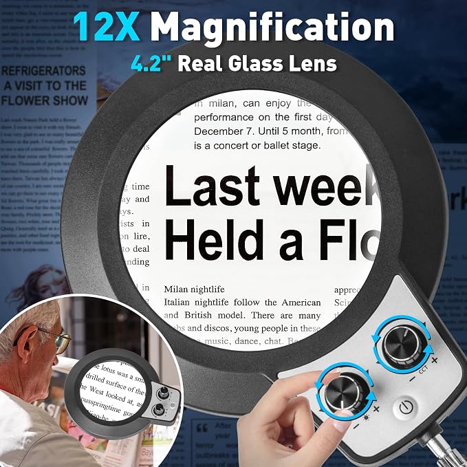 KIRKAS 12X Magnifying Glass with Light and Stand, Overhead Knob 2 in 1 | Lighted Magnifier Lamp for Workbench, Craft, Sewing, Repair, Real Glass Lens Stepless Dimming and Color (9.06IN Base & Clamp)