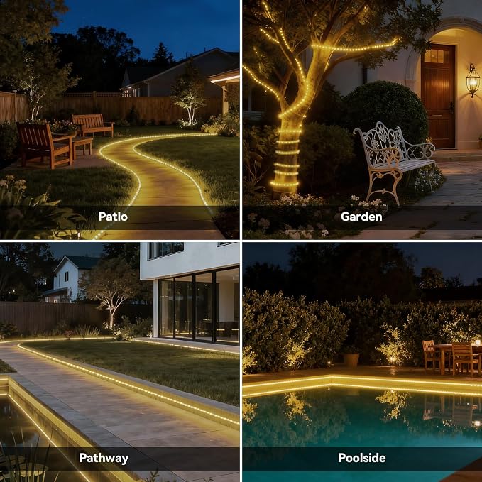 Solar Rope Lights Outdoor Waterproof 32.8FT 3000K for Step, Garden, Patio | 2 Pack 4000mAh Battery 600 LEDs 3000K Warm White Solar Powered Dusk to Dawn IP65 Bright Thick with 4 Modes Landscape Lighting