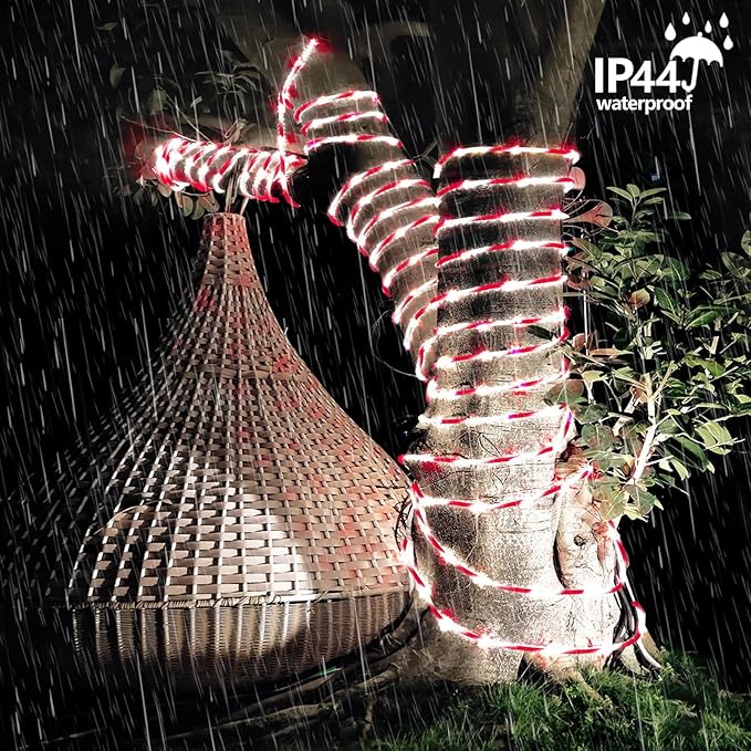 YEGUO Solar Rope Light Outdoor Waterproof, 66ft 200 LED Candy Cane String Lights, 8 Modes Tube Christmas Lights in Clear Thin Tube