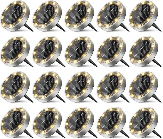 20 Pack Solar Ground Lights Outdoor, 8 LED Mini Flat Solar Disc Lights, IP65 Waterproof Pathway Lights Solar Powered, Landscape Lighting for Garden Walkway Driveway Yard Lawn,Warm White
