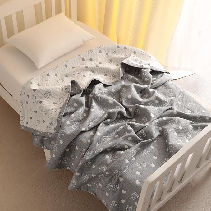 NTBAY 3 Layer Muslin Toddler Blanket, 30 x 40, Dark Grey Rabbit | Breathable Muslin Cotton Outer Layers with Light Thermal Fill, Reversible for Stroller, Daycare, Travel, and Supervised Use