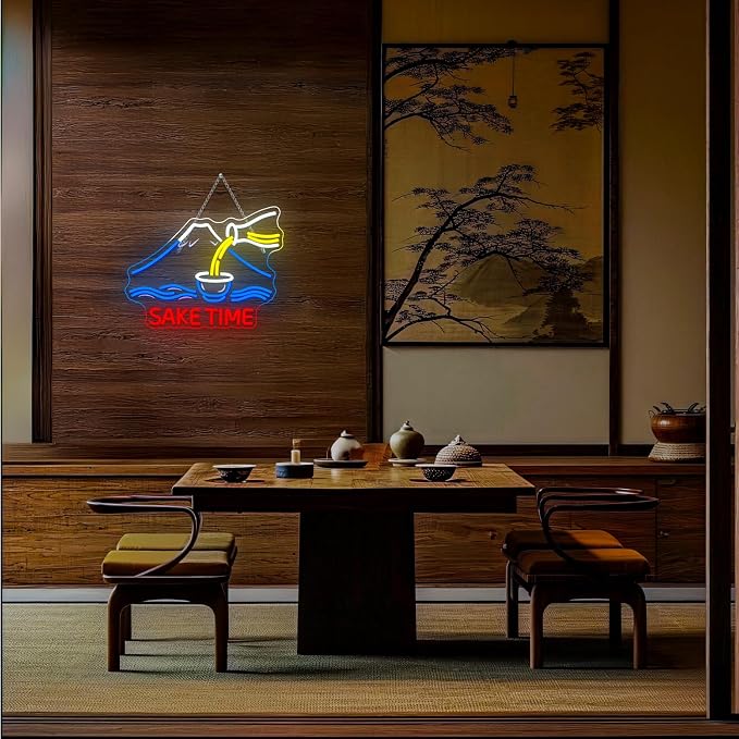 Sake Time Neon Signs for Wall Decor Bar Neon Light Up Bar Home Bedroom Sake LED Signs for Japanese Art Wall Decor Mount Fuji LED Light Gifts for Anime Lover Party