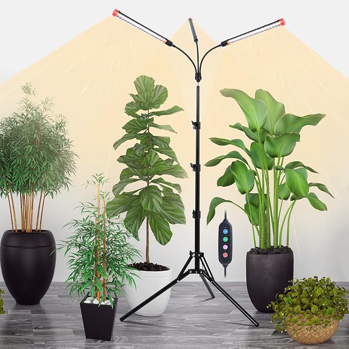 3Head Grow Light with Stand, 5-Mode Timer 4/8/12/16/20H, 27 Watt Power Home Plug LED Grow Lights for Indoor Plants for Tall Houseplants, Bonsai Tree, Seed Starting, 24"-64" Adjustable Height