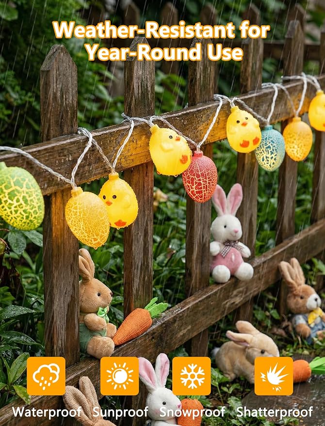 10 LED Chicks Egg Camping String Lights, 8.5Ft Easter Decoration Outdoor | Shatterproof, Plug in Multicolor Egg Lights Indoor, Connectable, Fairy Lights for Party Garden Home Summer Decor for Kids
