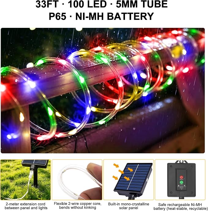 Solar Rope Lights Outdoor Waterproof, 33FT 100 LED Solar String Lights with 8 Lighting Modes,Trampoline Lights, Solar Patio Light for Garden Fence Backyard Deck Porch Pool Tree Christmas Decor