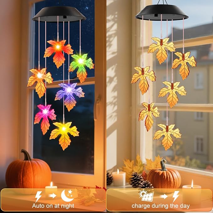 Winzwon Fall Decor Thanksgiving Decorations Solar Lights Wind Chimes | Hanging Maple Leafed Halloween Autumn Decorations, Birthday Gifts for Women, Outside Garden Yard Patio Porch Decor