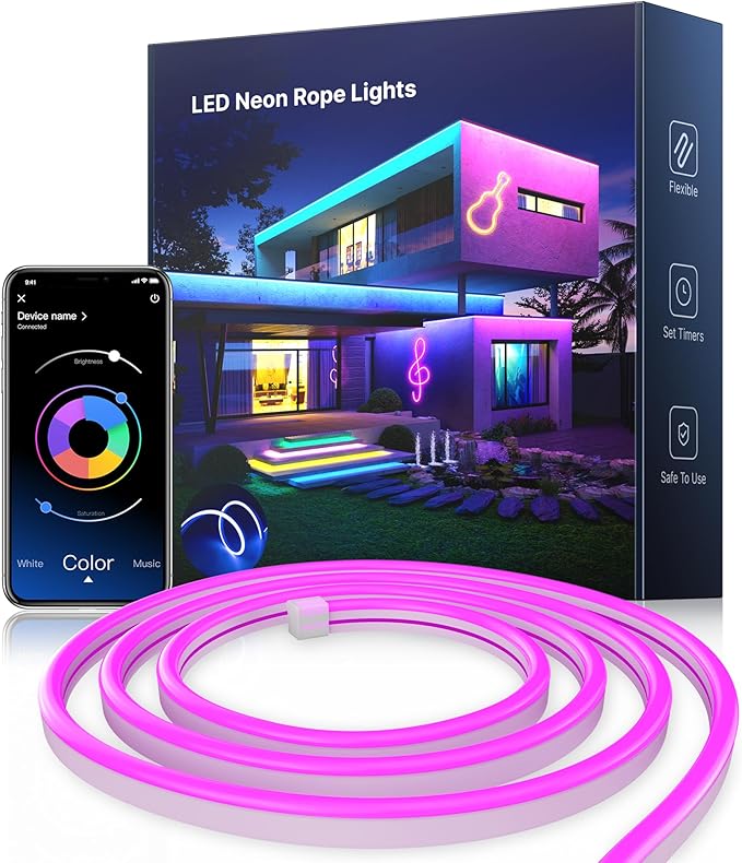 Nexillumi Neon LED Rope Lights 16.4FT, IP67 Waterproof LED Lights for Bedroom Flexible LED Light Strip with Remote and APP Control RGB Lighting Strip for Indoors Outdoors Bedroom Room Home Decor