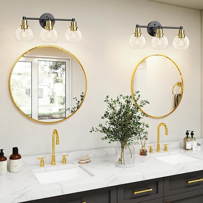 3 Light Bathroom Light Fixtures, Black and Gold Bathroom Vanity Lights, Modern Vanity Lights 3-Light Globe Bathroom Vanity Lighting Fixture Over Mirror