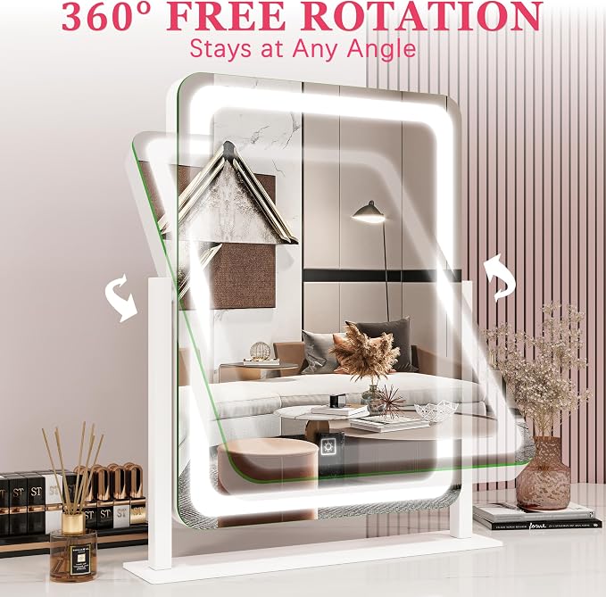 ROLOVE Vanity Mirror with Lights, 12.6"x15" LED Makeup Mirror with Lights, Smart Touch Control 3 Color Dimmable, Lighted Desk Mirror for Bedroom, Light Up Mirror