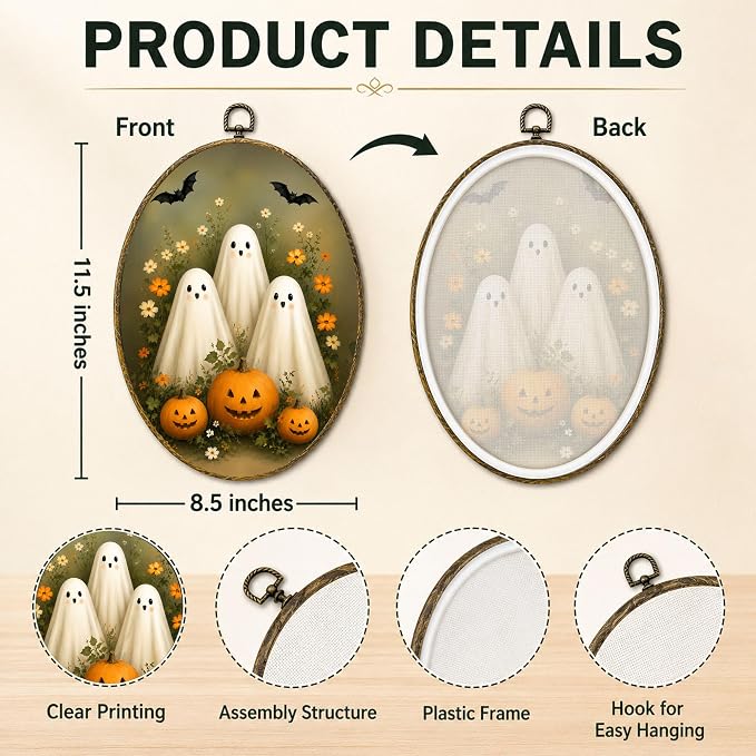 Cute Ghost Pumpkin Oval Wall Art, Framed Canvas Decor, 8.5x11.5 Inch | Three cute ghosts, jack o lantern pumpkins, bats and floral garden Halloween decor