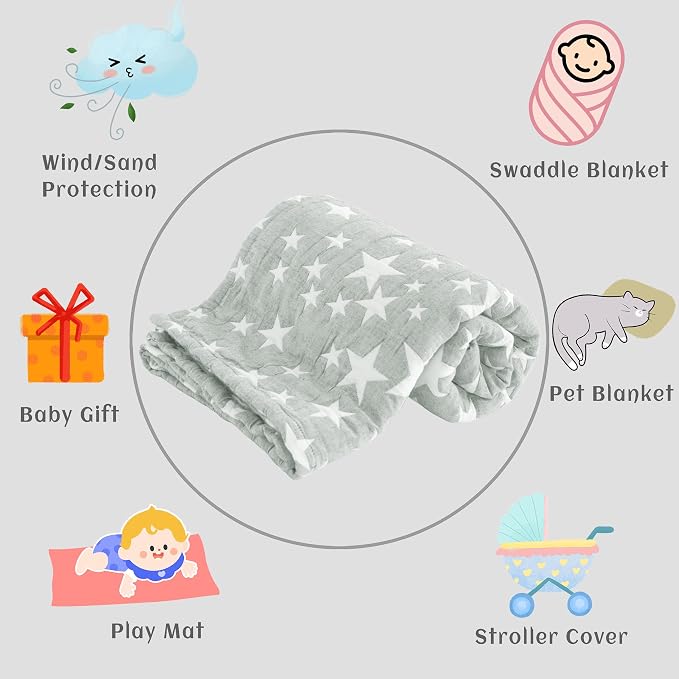 NTBAY 3 Layer Oversized Muslin Toddler Blanket, 45 x 60, Grey/White Star | Muslin Cotton Outer Layers with Light Thermal Fiber Fill, Reversible Blanket for Daycare, Travel, Naps, and Supervised Use