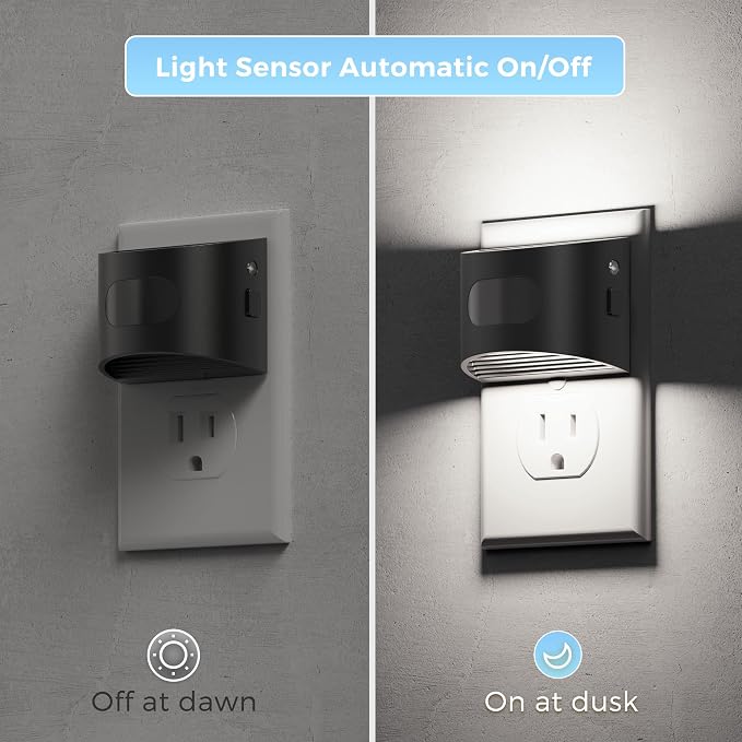 L LOHAS LED Motion Sensor Night Light, Night Lights Plug into Wall, 2 Pack | Nightlight with Dusk to Dawn & Motion Detection Sensor, 30-100Lm Adjustable Brightness, 5000K Daylight, Black Housing