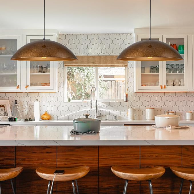 Vintage Antique Brass Dome Pendant Light, 23.6" Oversized Large Farmhouse Pendant Lights Kitchen Island,Hanging Ceiling Light With Curved Edge Metal Shade For Dining Room Over Table Bedroom Bar