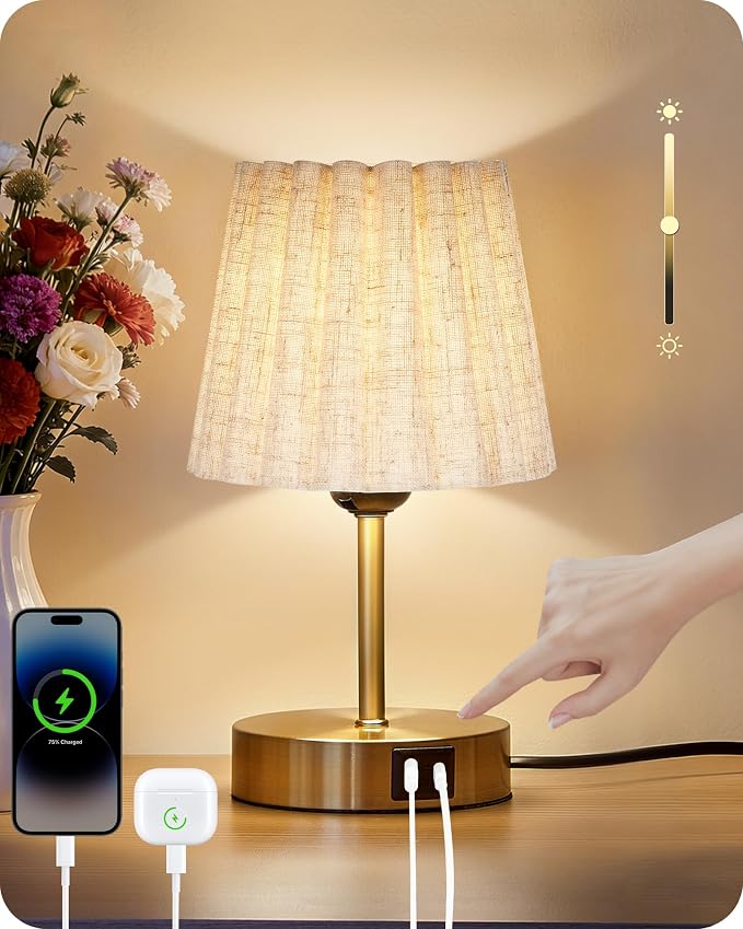 Small Bedside Table Lamp, Touch Dimmable Table Lamp with USB Ports, Nightstand Lamp with a Stepless Dimming LED Bulb, E26 Base, for Bedroom, Study, Desk, Gold and Beige DE16TL05