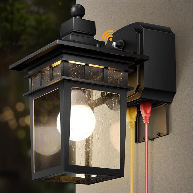 Porch Lights with GFCI Outlet, Dusk to Dawn Outdoor Wall Sconce Black | Anti-Rust Waterproof Aluminum Construction, Easy Installation, Tempered Glass & E26 Socket Outside Lights for House Garage