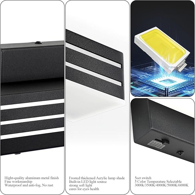 Ralbay Black Vanity Light 5 Color Temperature Dimmable LED Modern Bathroom Vanity Light Bar 24inch 24W Acrylic Matte Black Bathroom Wall Lighting Fixtures Over Mirror