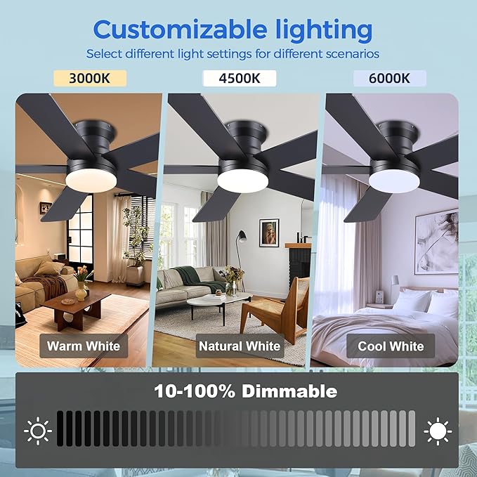 Ceiling Fans with Lights - 48" Black Flush Mount Ceiling Fan Light with 6 Speeds 3CCT Dimmable, Revesible Motor, Low Profile Fan Light for Modern Indoor Bedroom, Kitchen