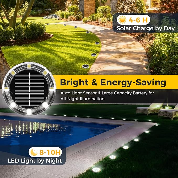 30 Pack Solar Ground Lights Outdoor, 8 LED Mini Flat Solar Disc Lights, IP65 Waterproof Pathway Lights Solar Powered, Landscape Lighting for Garden Walkway Driveway Yard Lawn,Cool White