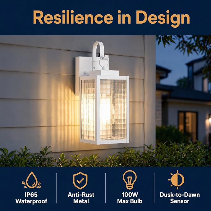 2-Pack 11.8-Inch White Dusk to Dawn Porch Light, All-Metal Frame | Auto On at Dusk, Off at Dawn, Checkered Glass, Soft Glow, Rust-Resistant All-Metal, DIY Install on Porch, Garage